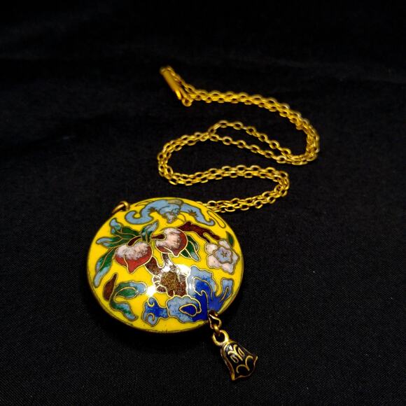 Vintage 1960s Cloisonné Yellow Enamel Puffy Pendant Necklace Floral Double Sided - Picture 1 of 10